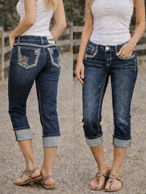 L.A.Idol Rose cropped cuffed capri jeans blingy rose embroidered pockets sz5 EUC